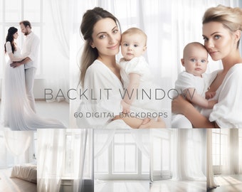 60 Backlit Window Digital Backdrops for Photographers, White Sheer Curtains, Maternity Backdrops, Room Backdrops, Photoshop Overlays