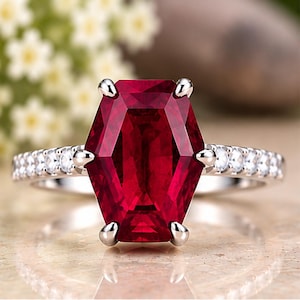 Lab Grown Ruby Diamond Ring, 925 Sterling Silver, Geometric Statement Jewelry