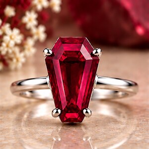Lab Grown Ruby Ring, 925 Sterling Silver, Geometric Cut Statement Jewelry
