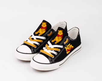 Winnie the Pooh Canvas Shoes, Bear Portrait Sneakers, Custom Print Footwear, Cartoon Fan Gift