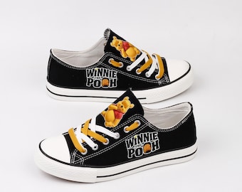 Winnie the Pooh Canvas Shoes, Bear Portrait Sneakers, Custom Print Footwear, Cartoon Fan Gift