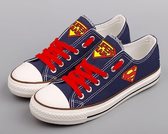Custom Print Canvas Sneakers, Superman Portrait Shoes, Super Hero Logo Footwear (Unisex)