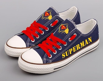 Custom Print Canvas Sneakers, Superman Portrait Shoes, Super Hero Logo Footwear (Unisex)