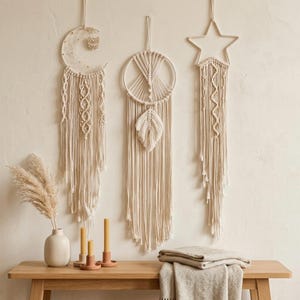 Handmade  Set of 3 Celestial Macrame Dream Catcher, Moon Star or Round Boho Wall Hanging, Neutral Nursery Decor