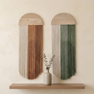 Set Modern Boho Fringe Wall Hanging, 33 Inch Long Macrame Fiber Art, Sage Green Cream Brown Wood Accent, Japandi Bedroom Decor