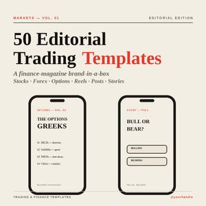 May include: A digital graphic featuring 50 Editorial Trading Templates with text reading Markets Vol. 01, Editorial Edition, A finance-magazine brand-in-a-box, Stocks, Forex, Options, Reels, Posts, Stories, and two smartphone mockups displaying trading content.