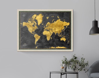 Framed World Map with Push Pins, Personalized World Map for Travel Tracking, Push Pin Map Gold & Black Color