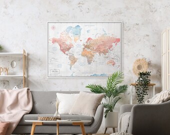 Wanderlust Travel Map With Pins - Personalized Poster For Travel Tracking - Watercolor Map For Home Decoration - Gift For Traveler