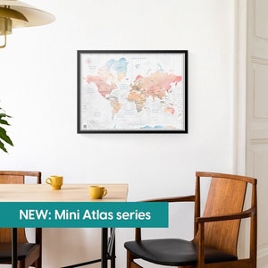 Série Mini-Atlas : carte du monde en toile, carte à épingles pour le suivi de voyage, carte encadrée, carte couleur barbe à papa, cadeau de Saint-Valentin pour elle