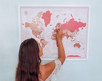 Framed push pin map - Blush pink world map - Personalized travel map - Anniversary gift for her | Pin Adventure map