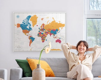 Toile de carte à épingles avec personnalisation, carte du monde colorée, cadeau pour chambre d'enfant, tableau carte du monde, carte du monde art mural