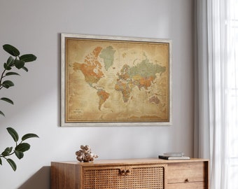 Vintage travel map - Framed push pin world map - Personalized pinboard | Pin Adventures