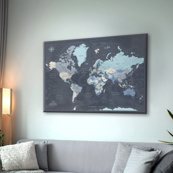 Push Pin World Map on Canvas, Modern Travel Pin Map, Customizable World Map For Travelers, Pin Adventures Map