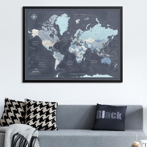 Navy Framed World Travel Map with Pins – Personalized Push Pin Adventure
