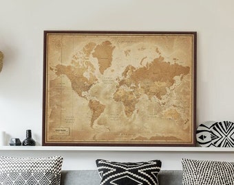 Antique World Map, Framed Vintage World Map, Accurate Map of The World, Push Pin Travel Map, Personalized Map Wall Art, Vintage Home Decor