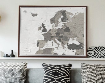 Europe Push Pin Map, Framed Europe Map with Pins, Detailed Europe Map, Push Pin Map of Europe, Modern Pinboard Map in Neutral Colors