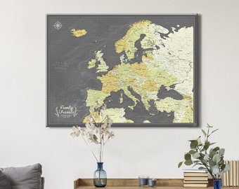 Europe Push Pin map on Canvas - Detailed travel map with pins - Europe wall map in various sizes