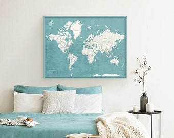 World Map Pinboard, Travel Map Poster with Pins, Personalized Word Travel Map, Map of The World Wall Art in Blue, Adventure Map for Couple