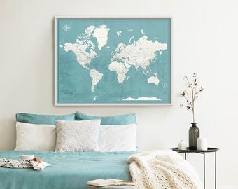 Framed Push Pin Map, World Travel Map, Blue Minimalist Wall Art, Map of The World with Push Pins, Personalized Map, Unique Wedding Gift