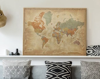 Vintage style map of the world poster - Family travel pin map print - Personalization and Various sizes