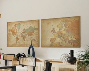 Push Pin Map of Europe & World Map Canvas set - Set of 2 Maps for Travel Tracking - Vintage Maps