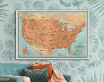 United States Map, Framed USA Push Pin Map Canvas, Large Wall Map, Orange United States Map with Personalization, Modern US Map, Travel Gift