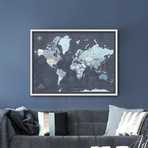 Family Travel Map with Pins, Framed Push Pin World Map, Personalized Travel Map, Family Pin Map, World Map Wall Art in Blue and Gray image 1