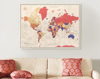 World Map Poster With Pins, Colorful World Map Print, Personalized Gift for Traveler, Map Wall Art, Push Pin Travel Map, Couple Gift