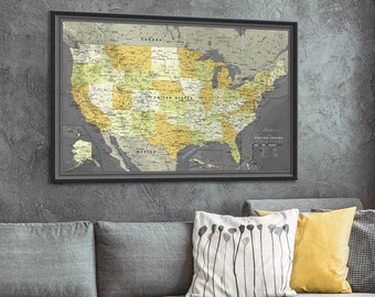 Push Pin Map USA, US Map with Pins, Travel Map Pinboard with Personalization, Framed Map of United States with Pins, Map for Couples