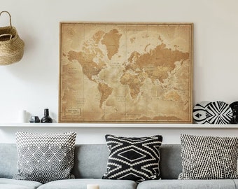 Vintage World Map Poster, Push Pin Map of The World, Personalized Travel Poster, Vintage Travel Map, World Travel Map, Personalized Map