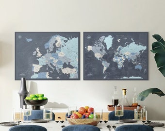 World & Europe Push Pin Canvas Maps - Set of Europe and World pin maps for travel tracking