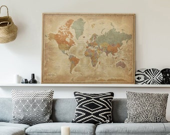 Vintage design map of the world - Push pin travel map canvas - Personalization and Various sizes