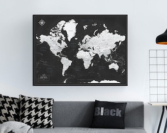 Black and White World Map, Map of The World Print, Wall Art Map in Black, Push Pin Map Poster, Minimalist Travel Map, Personalized Gift