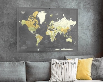 World Map Poster to Track Travels, Personalized Push Pin Travel Map, Pin Adventure Map, Grey Map of The World, Map for Family Travels