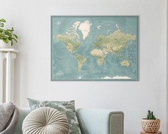 World Map Poster with Push Pins -  Travel Map Print with quote - NEW DESIGN - various personalization options