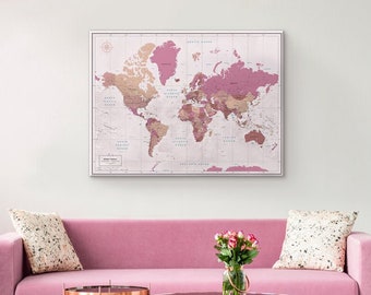 World Map Canvas - Push Pin map - 21st Birthday Gift for Her - Blush pink map | Pin Adventure map