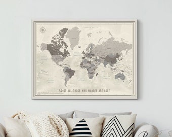 Framed World Map with Push Pins, Personalized Travel Map, World Map Pin Board, Ready to Hang Wall Map, Grey Map of the World, Travel Decor