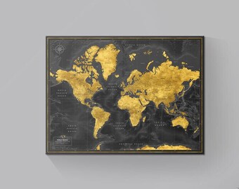 World map on canvas, Gold color travel map with pins, Push pin map for travel tracking