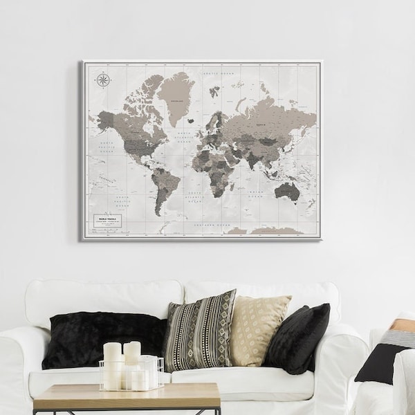 World Map Pin Board, Push Pin World Map Canvas, Map of The World with Personalization, Travel Pin Board Canvas, Family World Map