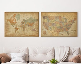 Push Pin Map Canvas Set, Matching World Map and US Map, Personalized Pin Maps, Gift for Family, Vintage travel map, size 30x40 inches