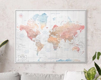 Watercolor style Push Pin Map on canvas - Unique World Map for travellers - Place I have been map with pins