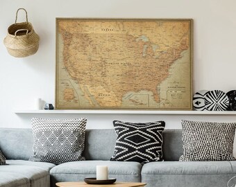 Antique US Map, Accurate USA Map Poster, Vintage Design Push Pin Travel Map, US Map with Personalization, Vintage Map of United States