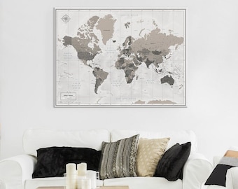 Push pin world map for travelers - Modern design travel pin map poster - Various size options