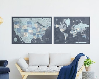 Travel Maps Set, Maps Wall Decor, USA and World Maps, Push Pin Map on Canvas, Travel Tracking Map, Blue Maps Set, World and US Pin Maps