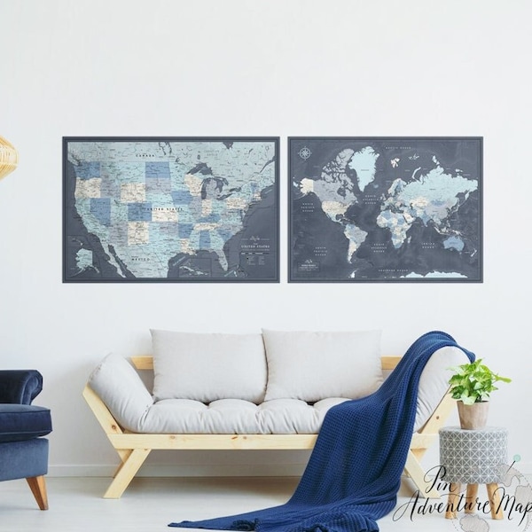 Travel Maps Set, Maps Wall Decor, USA and World Maps, Push Pin Map on Canvas, Travel Tracking Map, Blue Maps Set, World and US Pin Maps