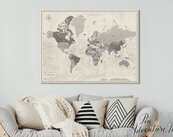 World Map Poster, Personalized Map with Pins, Push Pin Travel Map in Neutral Colors, Travel Pin Map of The World, Map Wall Art