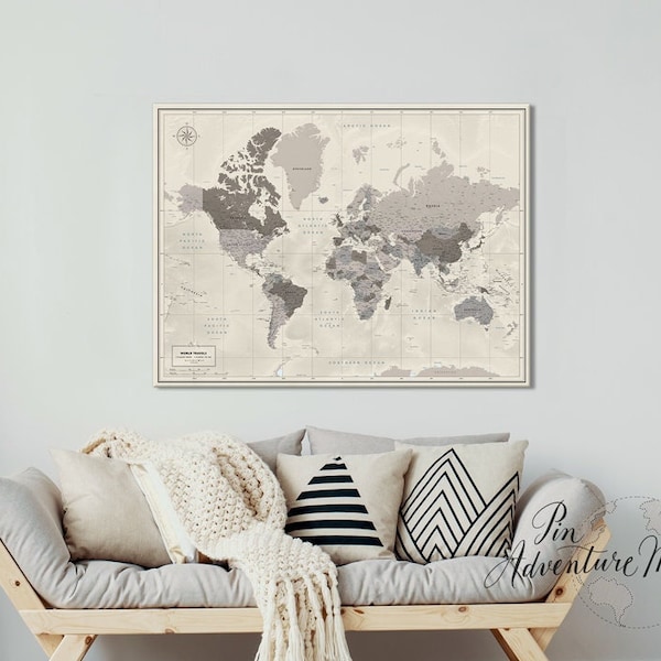 Affiche de carte du monde, carte personnalisée avec épingles, carte de voyage avec épingles en couleurs neutres, carte du monde avec épingles de voyage, art mural carte