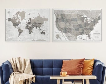 Push Pin Map Canvas Set, Matching World Map and US Map, Personalized Pin Maps, Gift for Family, Pin Adventure Map, Family Travel Map