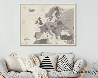 European Тravel Map Poster, Europe Print with Push Pins, Grey Map Wall Art, Neutral Colors Map of Europe, Personalized Traveler Gift