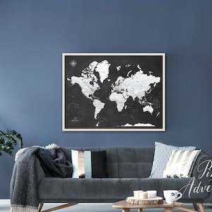 Black and White World Map Pin Board, Push Pin Map of The World, Framed Personalized Travel Tracking Map, Map to Mark Travel Places image 2